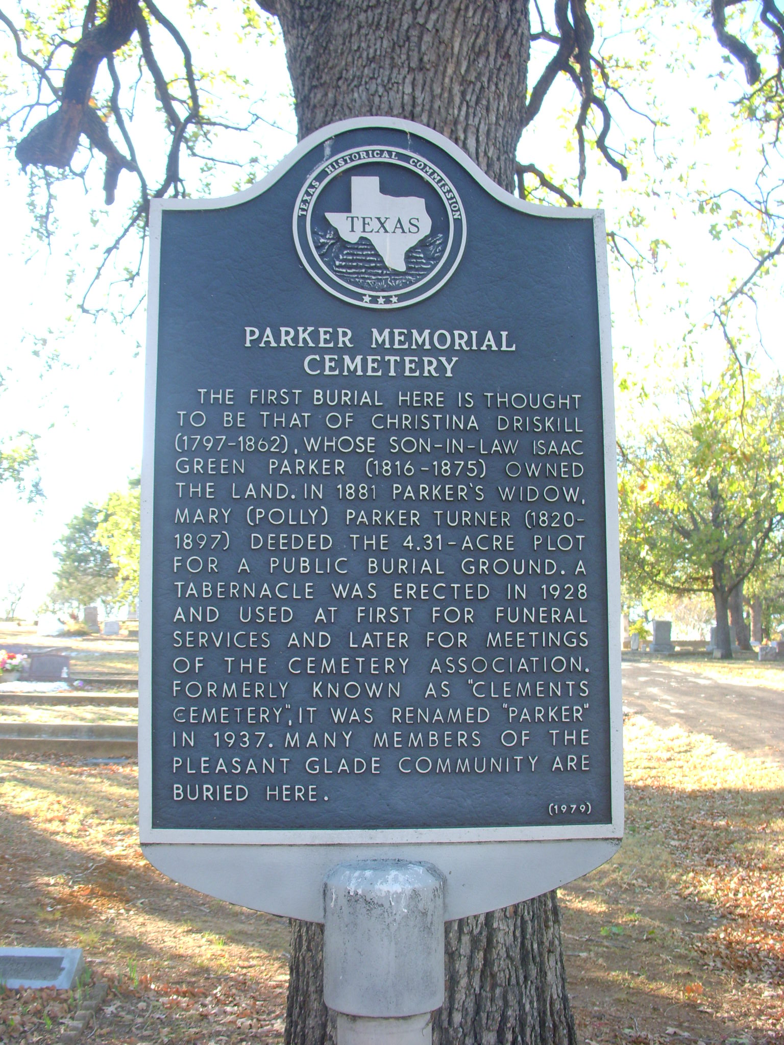 Parker Memorial Cemetery state historical marker