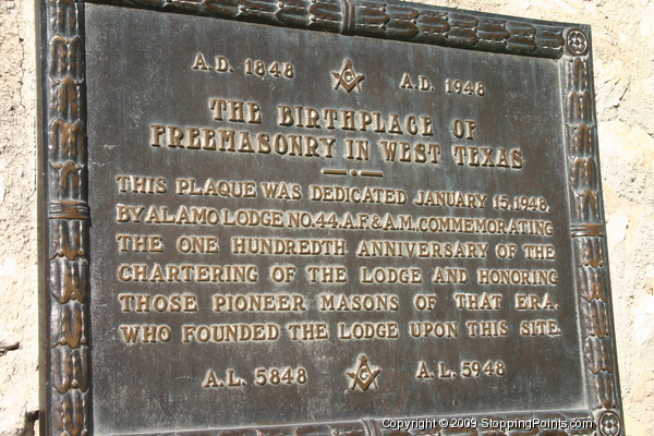 Alamo Masonic Lodge Plaque