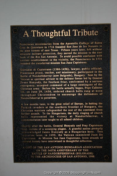 Tribute Plaque - Giovanni di Capistrano